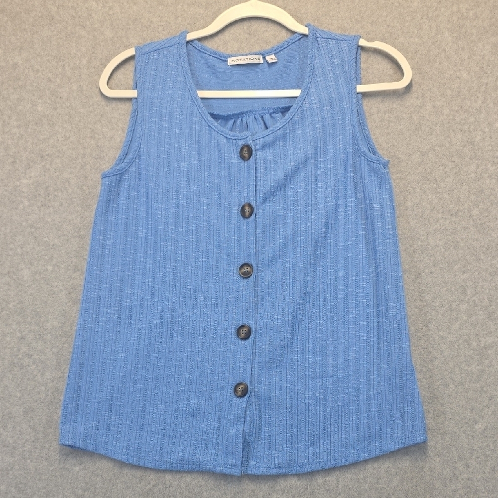 Notations Blue Sleeveless Button Front Top Ribbed Knit Tank PM